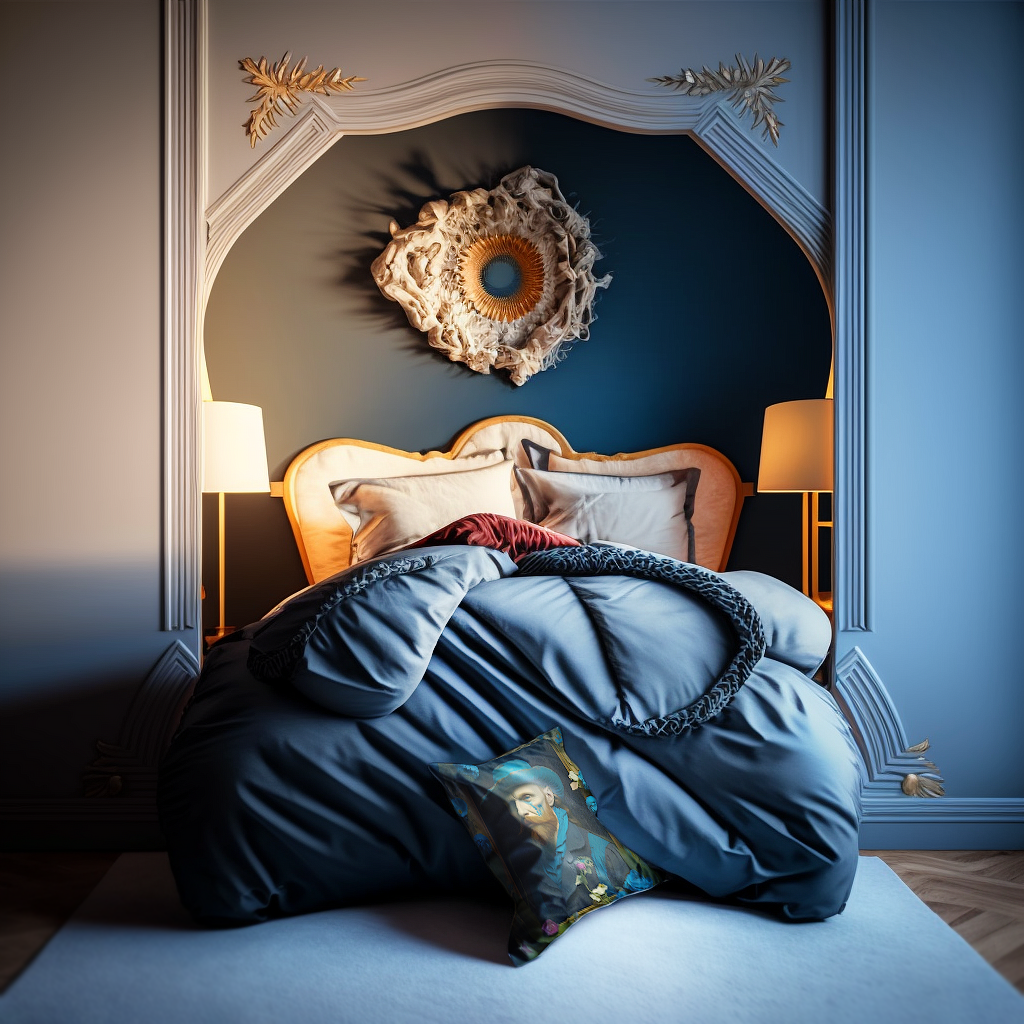An art-inspired bedroom featuring a portrait pillow
